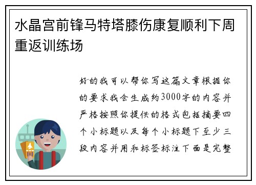 水晶宫前锋马特塔膝伤康复顺利下周重返训练场